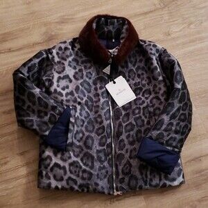 Moncler Blue Silver Leopard Fur Trim Feminine Luxury Down Puffer Size 1~Small